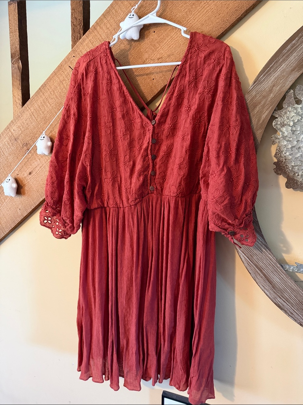 Boho Embroidered V-Neck Red Women’s Dress